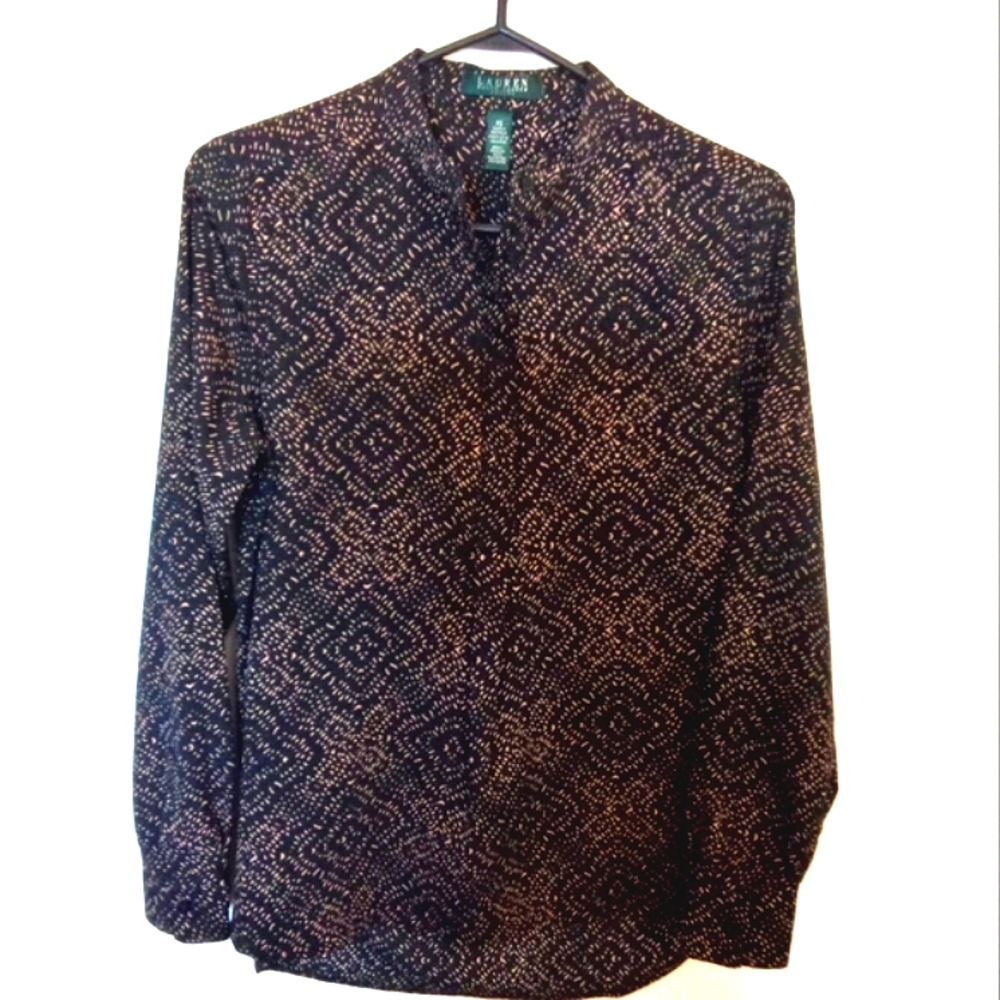 LAUREN Ralph Lauren Women's Black With Tan Geometric Long Sleeve Blouse Medium